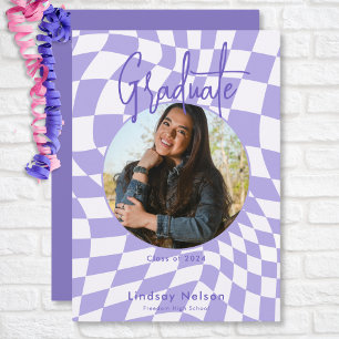 Modern Retro Lila & White Check Photo Studenten Inbjudningar