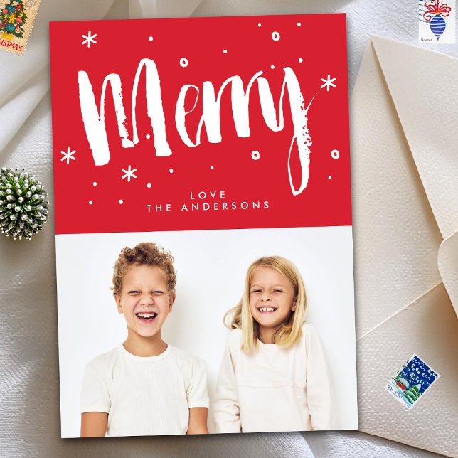 Modern Retro MERRY Letar rött julfoto Julkort (Skapare uppladdad)