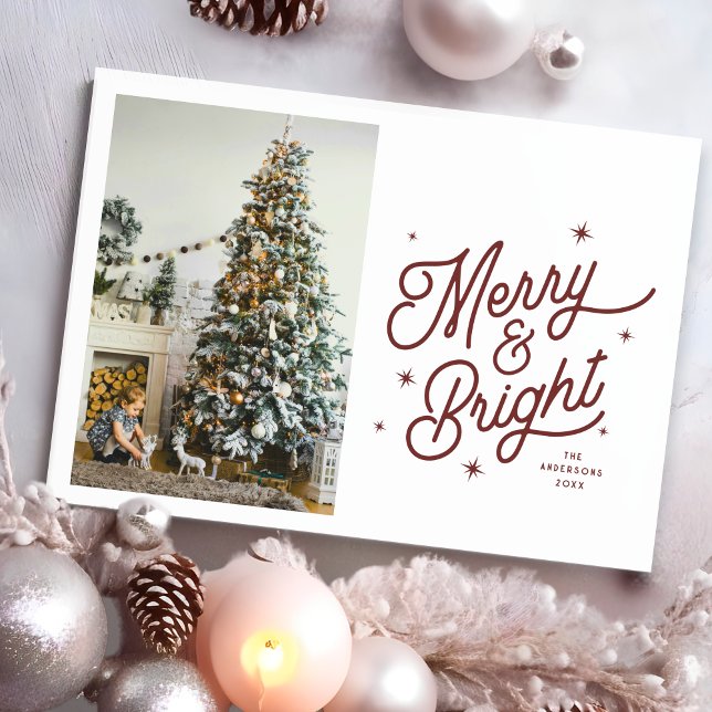 Modern Retro Merry och Bright Family Photo Script Julkort (Skapare uppladdad)