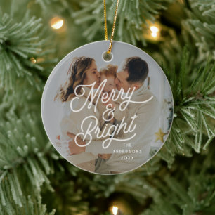 Modern Retro Merry och Bright Photo Bold Script Julgransprydnad Keramik