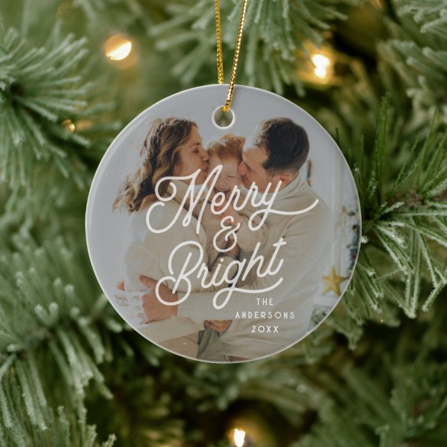 Modern Retro Merry och Bright Photo Bold Script Julgransprydnad Keramik (Träd)
