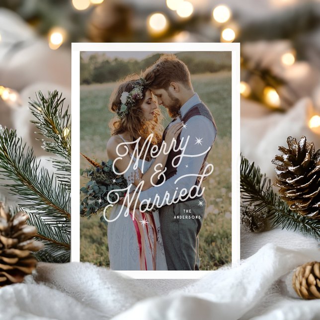 Modern Retro Merry och Married Photo Script Stars Julkort (Skapare uppladdad)