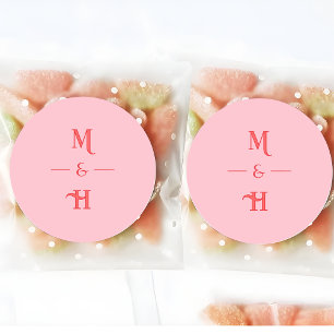 Modern Retro Monogram Rosa & Röd Bröllop Runt Klistermärke