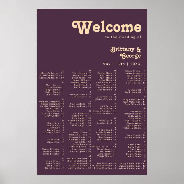 Modern Retro | Mörk Lila Alfabetiskt säte Poster (Framsidan)