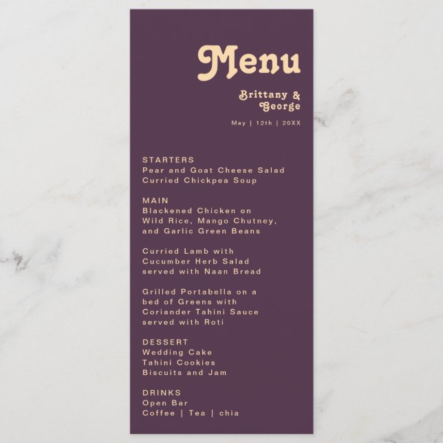 Modern Retro | Mörk Lila Bröllop Middag Menu Meny (Framsida)