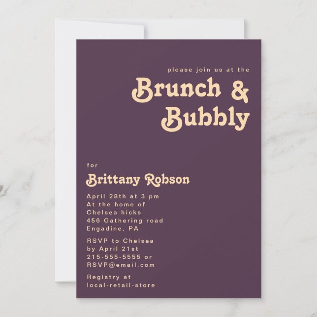 Modern Retro | Mörk Lila Brunch och Bubly Inbjudningar (Framsida)