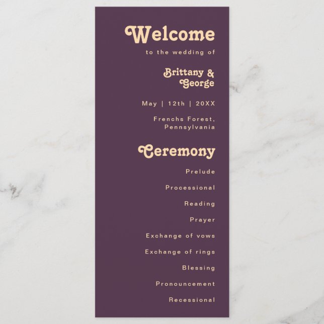 Modern Retro | Mörk Lila Cream Bröllopsprogram Program (Framsida)