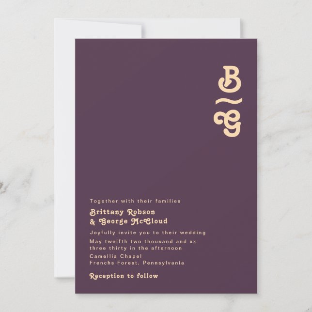 Modern Retro | Mörk Lila Monogram Bröllop Inbjudningar (Framsida)