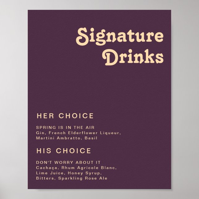 Modern Retro | Mörk Lila Namnteckning Drinks-tecke Poster (Framsidan)