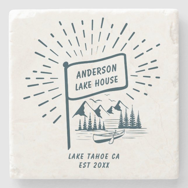 Modern Retro Nautical Family Sjö House Blue Stenunderlägg (Framsidan)