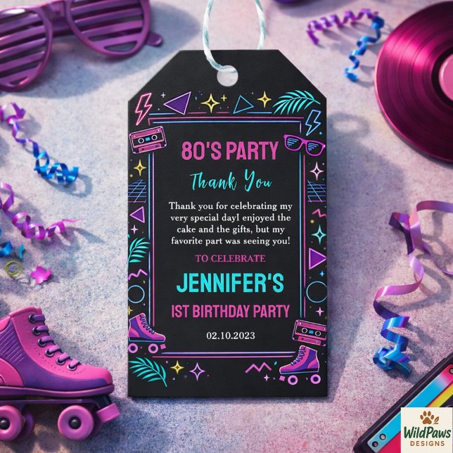Modern Retro Neon 80-tal 1-års födelsedagsfest Presentetikett (Modern Retro Neon 80’s 1st Birthday Party Gift Tags
)