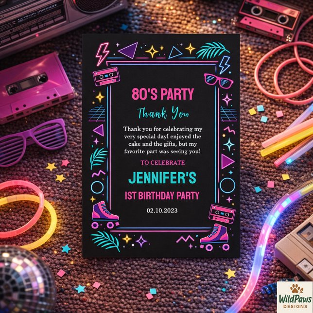 Modern Retro Neon 80-Tal 1-års Födelsedagsfest Tack Kort (Modern Retro Neon 80’s 1st Birthday Party Thank You Card)