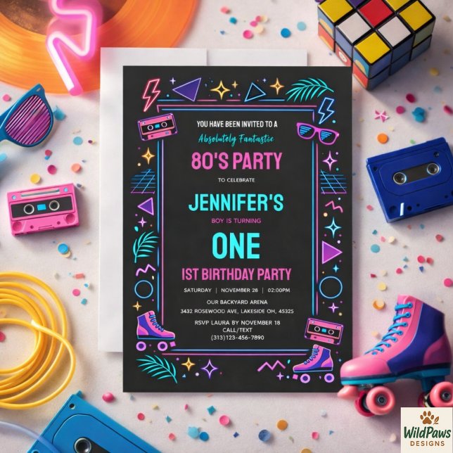 Modern Retro Neon 80-talet Första Födelsedagsfest Inbjudningar (Modern Retro Neon 80’s 1st Birthday Party Invitation
)