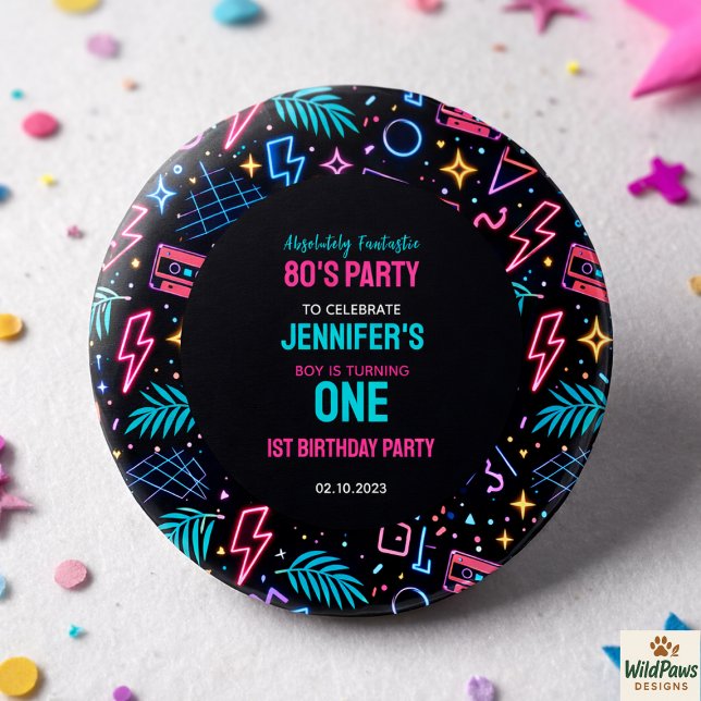 Modern Retro Neon 80-tals 1-års Födelsedagsfest Knapp (Modern Retro Neon 80’s 1st Birthday Party Button)