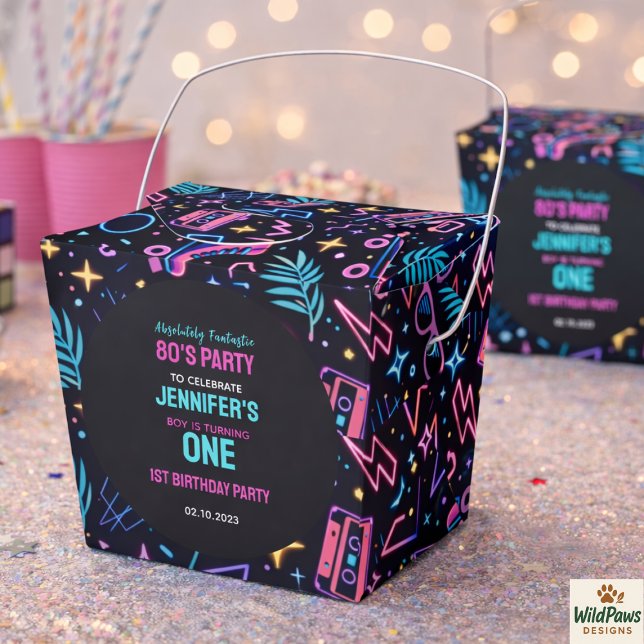 Modern Retro Neon 80-tals 1-års födelsedagsfest Presentaskar (Modern Retro Neon 80’s 1st Birthday Party Favor Boxes)