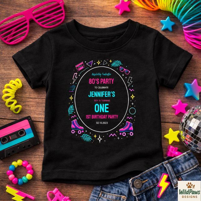 Modern Retro Neon 80-tals 1-års Födelsedagsfest T Shirt (Modern Retro Neon 80’s 1st Birthday Party Baby T-Shirt
)