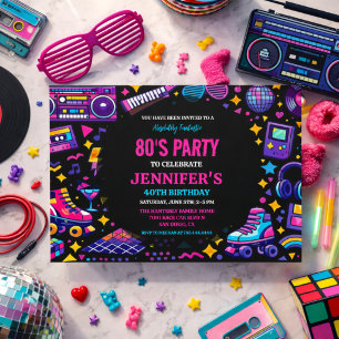 Modern Retro Neon 80-tals Födelsedagsfest för Vuxn Inbjudningar