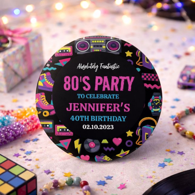 Modern Retro Neon 80-tals Födelsedagsfest för Vuxn Knapp (Modern Retro Neon 80’s Birthday Party for Adults Button
)