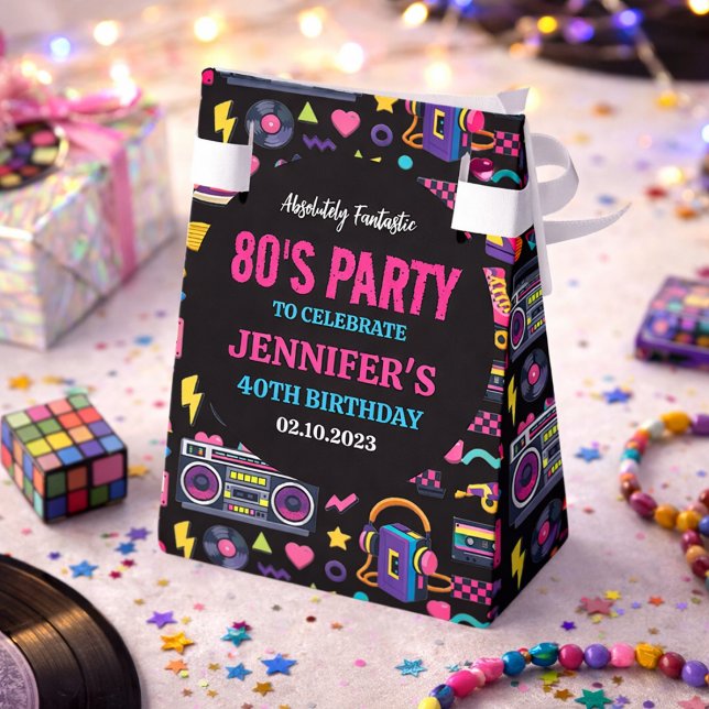 Modern Retro Neon 80-tals Födelsedagsfest för Vuxn Presentaskar (Modern Retro Neon 80’s Birthday Party for Adults Favor Boxes
)