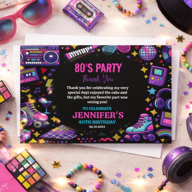 Modern Retro Neon 80-tals Födelsedagsfest för Vuxn Tack Kort (Modern Retro Neon 80’s Birthday Party for Adults Thank You Card
)