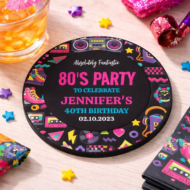 Modern Retro Neon 80-tals Födelsedagsfest för Vuxn Underlägg (Modern Retro Neon 80’s Birthday Party for Adults Coaster
)