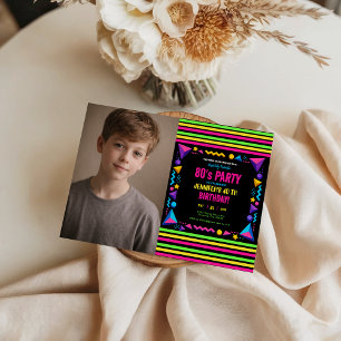 Modern Retro Neon 80-tals Födelsedagsfest Inbjudningar