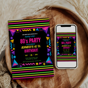 Modern Retro Neon 80-tals Födelsedagsfest Inbjudningar