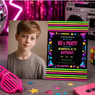 Modern Retro Neon 80-tals Födelsedagsfest Inbjudningar