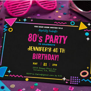 Modern Retro Neon 80-tals Födelsedagsfest Inbjudningar