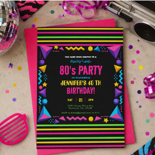 Modern Retro Neon 80-tals Födelsedagsfest Inbjudningar