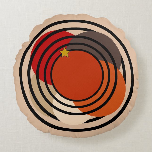 Modern Retro OpArt-Orange, Red, Grått, Tan, Black Rund Kudde (Framsidan)