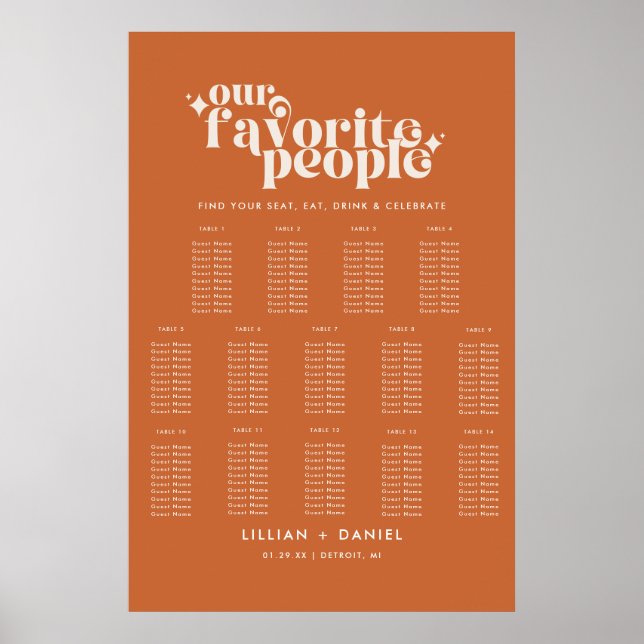 Modern Retro Orange Bröllop 14 Bord Placeringsplan Poster (Framsidan)