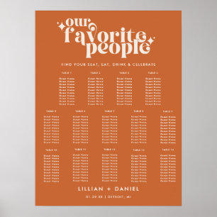 Modern Retro Orange Bröllop 14 Bord Placeringsplan Poster