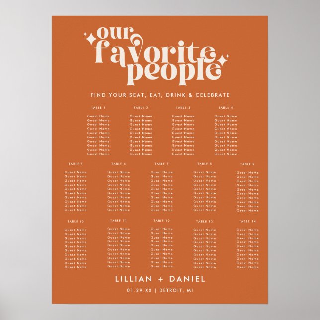 Modern Retro Orange Bröllop 14 Bord Placeringsplan Poster (Framsidan)