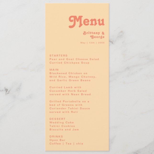 Modern Retro| Orange Cream Bröllop Middag Menu Meny (Framsida)