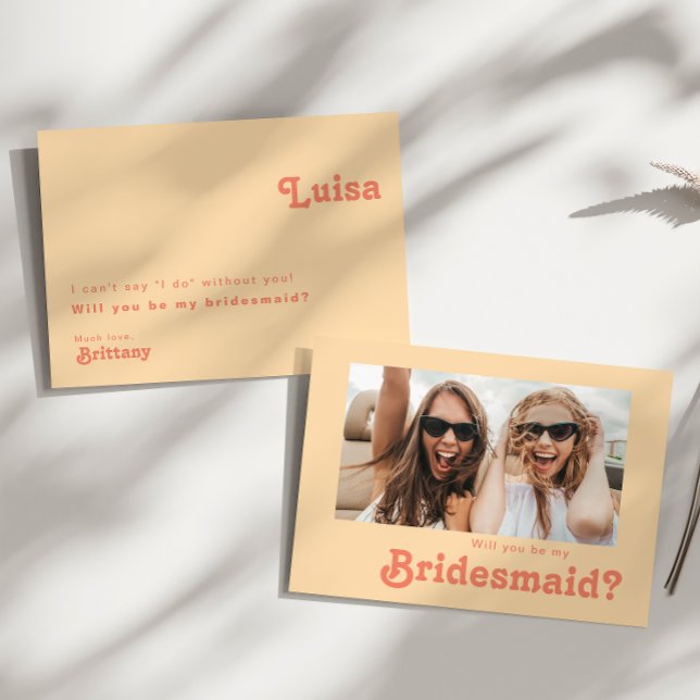 Modern Retro Orange Photo Bridesmaid Frieri kort (Skapare uppladdad)