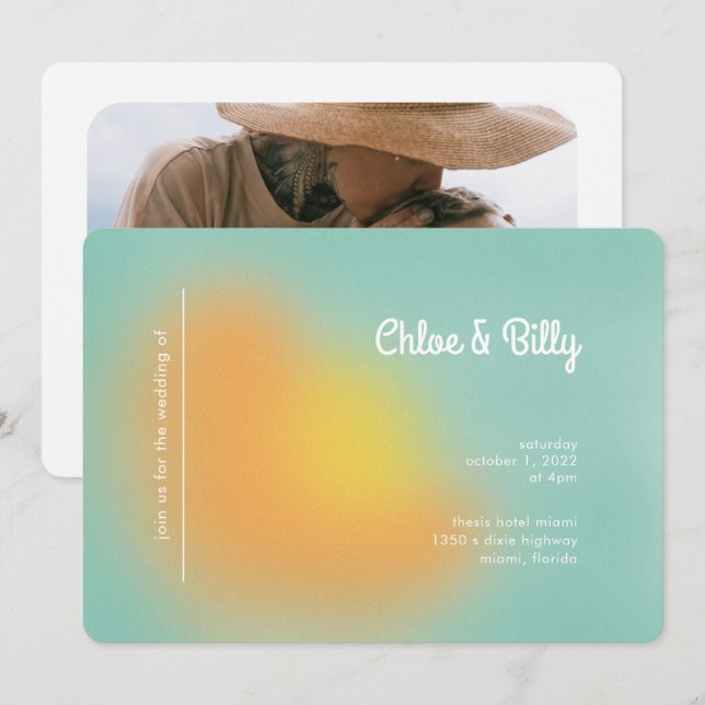 Modern Retro-övertoningsbildsfoto Bröllop i Orange Inbjudningar (Fram/baksida)