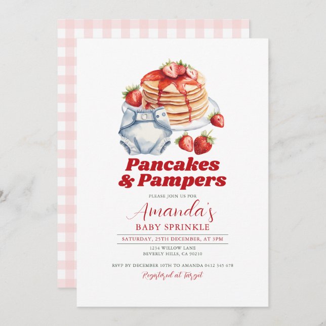 Modern Retro Pancakes Diaper Baby Shower Rosa Inbjudningar (Fram/baksida)