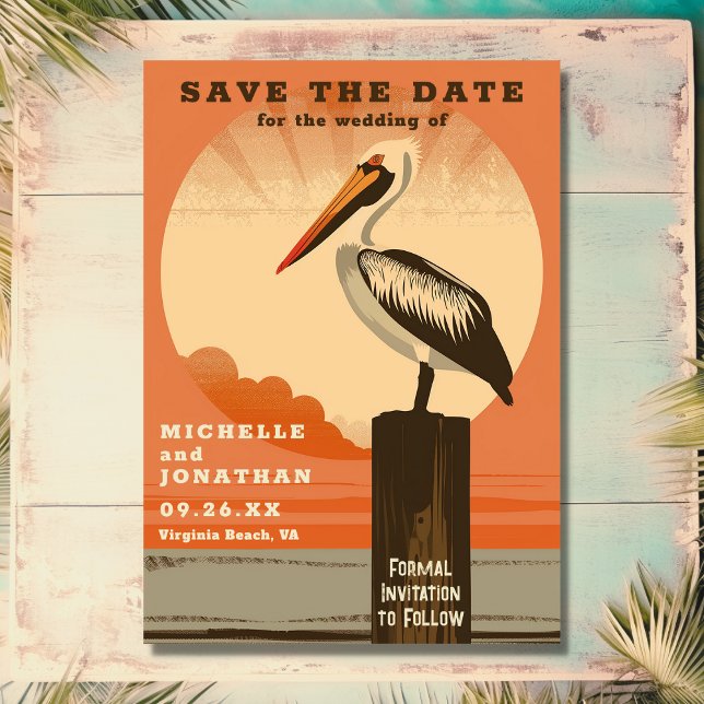 Modern Retro Pelican Beach Wedding Spara Datumet (Front - Modern Retro Pelican Beach Wedding Save The Date)