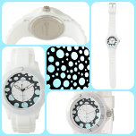 Modern Retro Polka-prits Blue White and Black Armbandsur<br><div class="desc">Anpassa denna moderna roligt- och funky-reflektor från stil-polka med en Namn eller en egen text i det cirkulära gränsen av turkosa-blåa och vita övertoningscirklar på svart. Bilden är originalfotografi av JLW_PHOTOGRAPHY.</div>