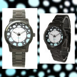 Modern Retro Polka-prits Blue White and Black Armbandsur<br><div class="desc">Anpassa denna moderna roligt- och funky-reflektor från stil-polka med en Namn eller er egen text i detta gräns av turkosa blå och vit övertoningscirklar på svart. Bilden är originalfotografi av JLW_PHOTOGRAPHY.</div>