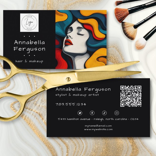 Modern Retro Pop Art Färgglad Hår Makeup QR Logoty Visitkort (Modern Pop Art Retro Colorful Hair Makeup QR Logo Business Card)