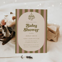 Modern Retro Rosa & Grön Randig Bebis Shower