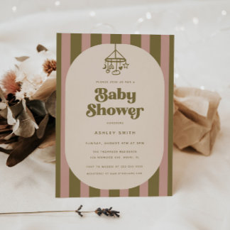 Modern Retro Rosa & Grön Randig Bebis Shower Inbjudningar