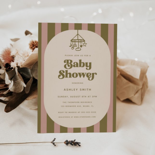 Modern Retro Rosa & Grön Randig Bebis Shower Inbjudningar (Skapare uppladdad)
