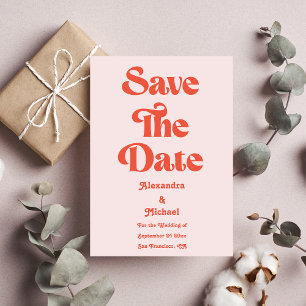 Modern Retro Rosa Och Orange Typografi Bröllop Spara Datumet
