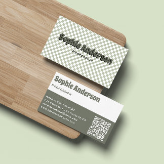 Modern Retro Sagegrön Rutig Mönster med QR-kod Visitkort