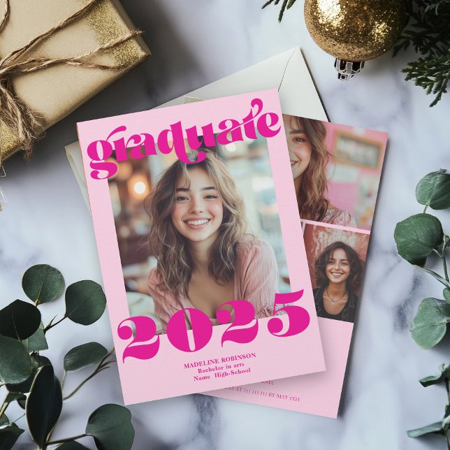 Modern Retro Shock rosa 4 Photo Studenten Inbjudningar (Modern Retro Hot Pink 4 Photo Graduation Invitation)