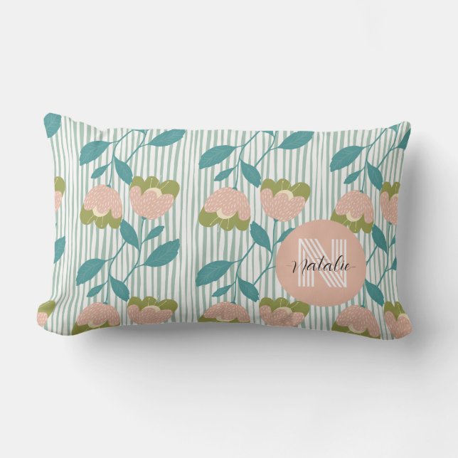 Modern retro snygg monogram mönster blommande blå lumbarkudde (Framsida)