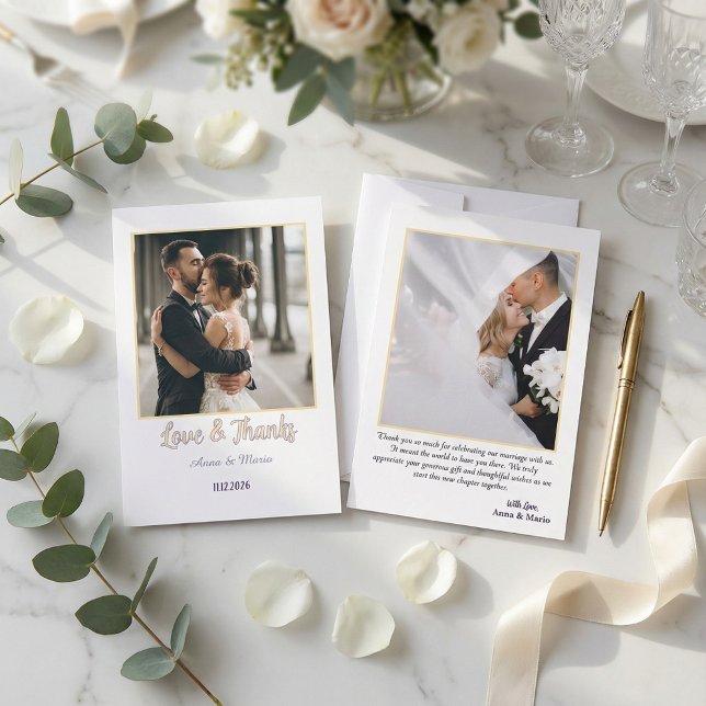 Modern Retro Typography Faux Gold Photo Wedding Tack Kort (Skapare uppladdad)